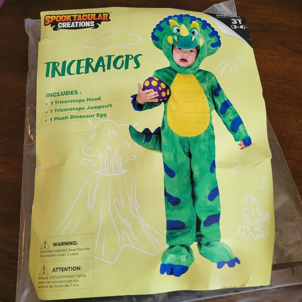 Kids Triceratops Dinosaur Costume Deluxe Toddler 3T Hood Tail Egg Outfit Set - Picture 5 of 7